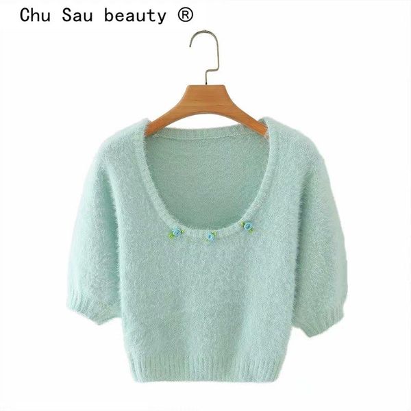 

women's sweaters 2021 autumn sweet chic flower knitted crop women fall jumper casual square collar puff sleeve short pullovers, White;black