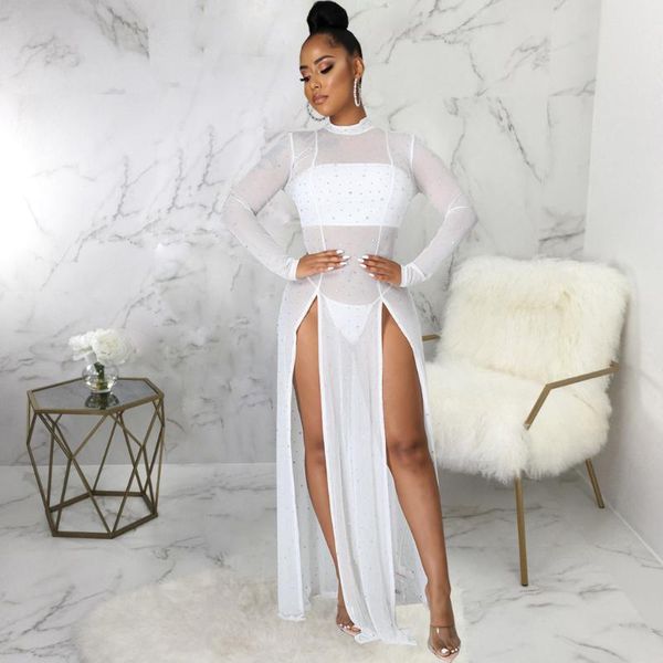 

casual dresses transparent see through night party dress women high slit mesh maxi club long sleeve patchwork stretch, Black;gray