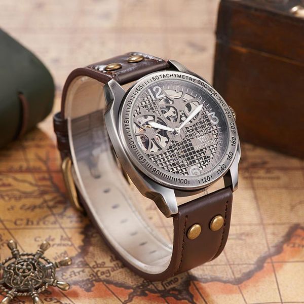 

wristwatches sale ouyawei self wind vintage mechanical leather watch men skeleton automatic antique bronze retro wristwatch montre homme, Slivery;brown