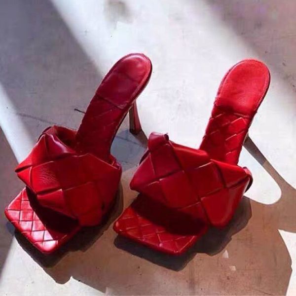 

dress shoes big size 41 fashion square toe weave high heels women slippers leather designer ladies beach sandals slides i3kg, Black