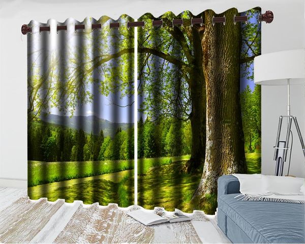 

3d curtain window living room green meadows and beautiful mountains romantic landscape mural wallpaper & drapes