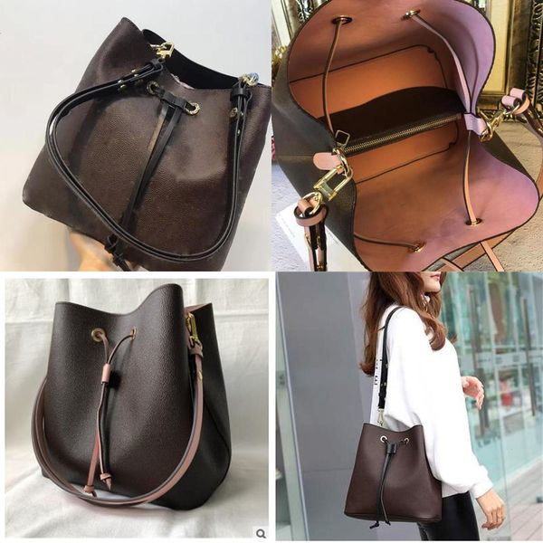 

genuine leather bucket bag famous drawstring handbags flower printing purse