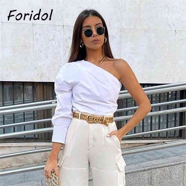 

one shoulder white blouse shirt for women spring autumn vintage chic elegant ladies button blusa mujer 210427