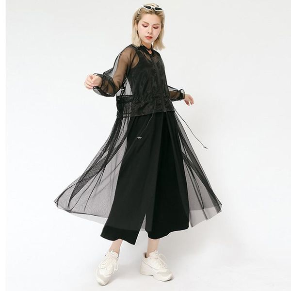 

women's trench coats johnature chiffon mesh sunscreen solid color women full-sleeve 2021 summer streetwear long fashion, Tan;black