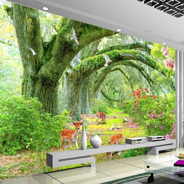 

wallpapers custom self adhesive wallpaper 3d green forest tree animal wall living room tv sofa background painting home decor murals