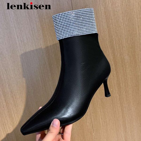 

boots lenkisen fashion natural leather rhinestone bling thin high heel small square toe zipper elegant lady soft ankle l12, Black