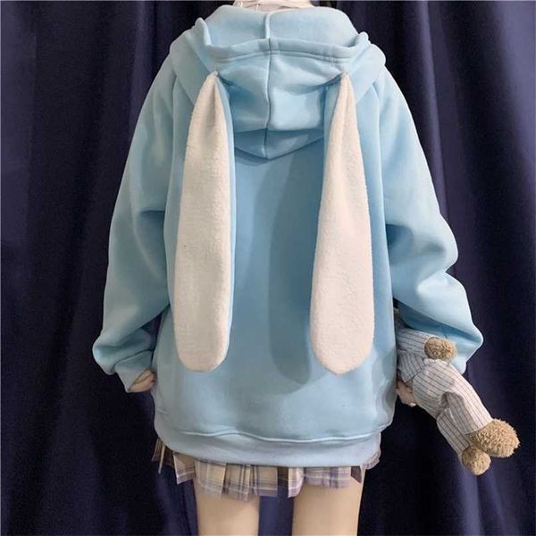

houzhou korean style women hoodies spring fashion kawaii rabbit ears sweatshirt long sleeve loose embroidery zip up hoodie 211104, Black