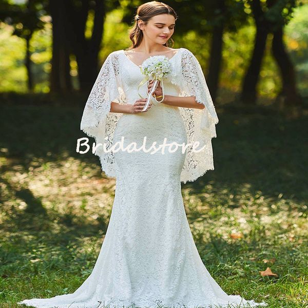 Rustico Boho Abito da sposa a sirena in pizzo pieno con mantello 2022 Bianco scollo a V Hippies Abiti da sposa bohémien per la sposa Elegante estate Country Garden Piano lunghezza Abiti da sposa