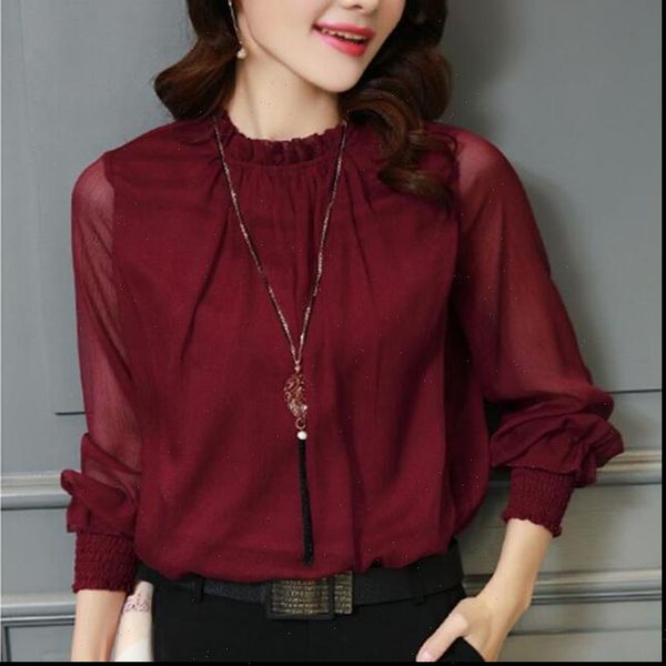 

chiffon long sleeve stand women blouses neck work wear elegant casual solid color blusas, White