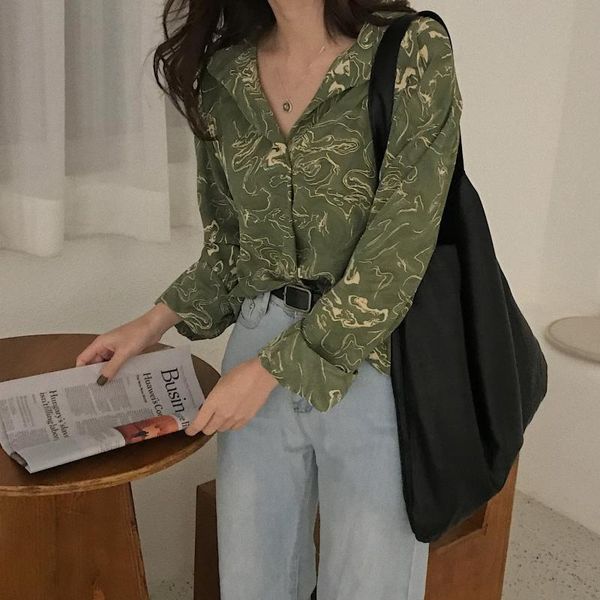 

women's blouses & shirts 2021 women stylish ink-splashing basic autumn casual all-match loose vintage office ladies female, White