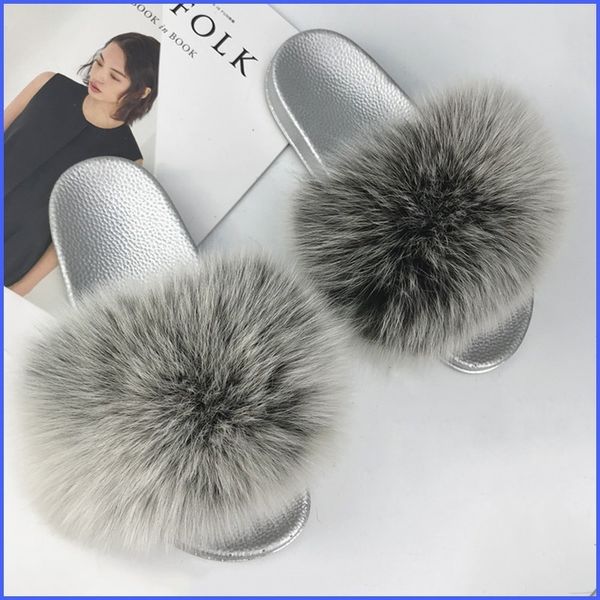 

fur slippers women fox furry slides fluffy slippers home summer shoes woman fur flip flops for ladies luxury brand size 39-41, Black