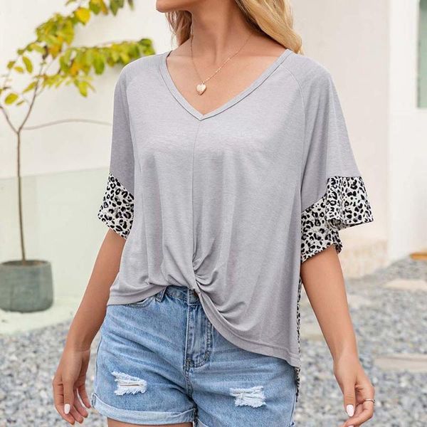 

leopard stripes summer fashion women splicing v neck casual short sleeves shirt pullovers ladies kink loose home shirts women's t-shir, White
