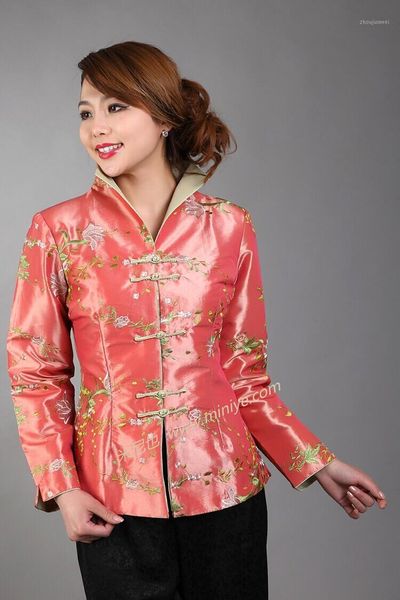 Jaquetas femininas Atacado - Promoção Tradicional chinesa senhora cetim jaqueta bordado casaco flor manga comprida outwear tops s m l xl xxl xxxl