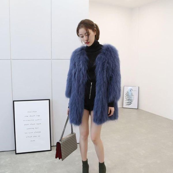 

women's fur & faux women 2021 autumn winter fashion fake raccoon coats female mid-long v-neck slim jackets ladies warm outwears q603, Black