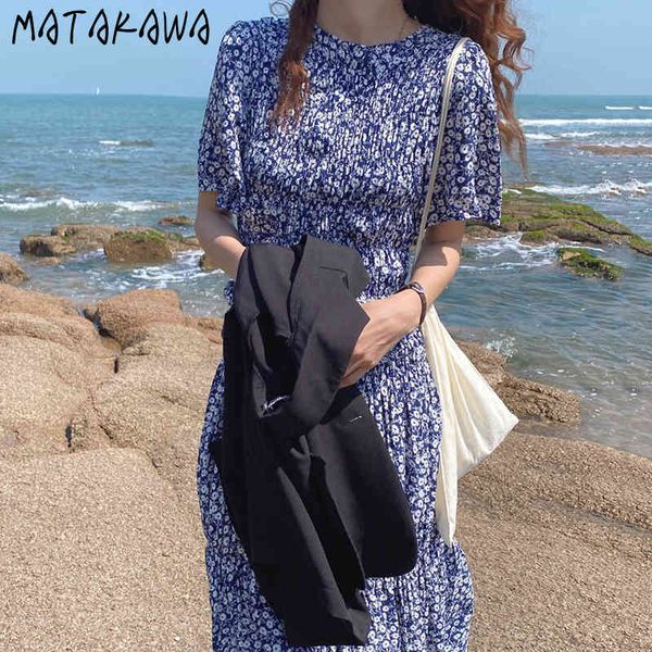 

matakawa slim waist small floral vestidos korean chic summer retro round neck women dress was thin and wrinkled midi dresses 210513, Black;gray