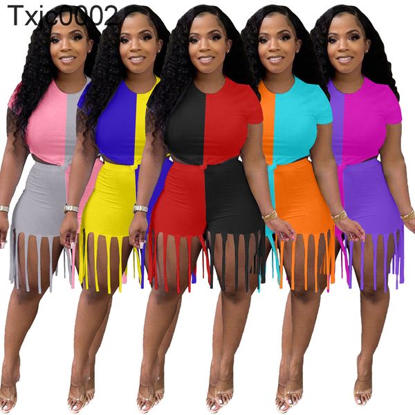 

women two piece pants set designer tracksuits outfits slim short sleeve tassel shorts suits color stitching ladies leisure sportwear, White
