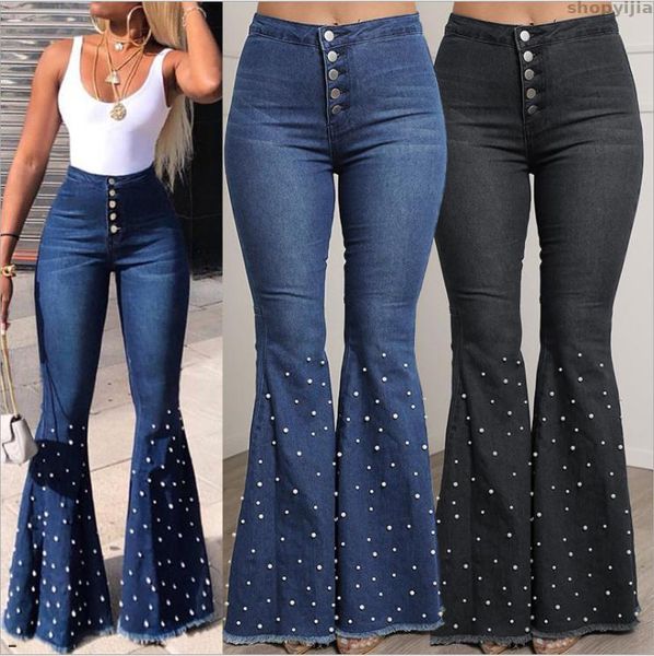 

women's jeans flare casual denim women vintage high waist beading hem long trousers fashion pants, Blue