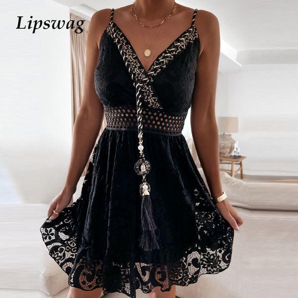 

summer off shoulder tassel sling party dress fashion hollow out v neck mini dresses women elegant crochet lace beach dresshigh quality, Black;gray