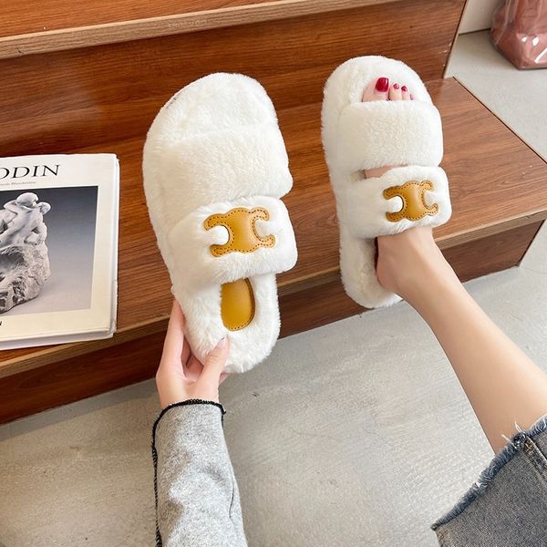 

large size woolen slippers women's autumn and winter 2021 wear maiden heart home indoor one word warm cotton, Black