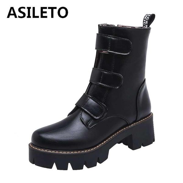 

boots asileto women ankle look&hoof round toe footwear chunky heels female boot shoes woman 2021 platform booties bottes bottine, Black