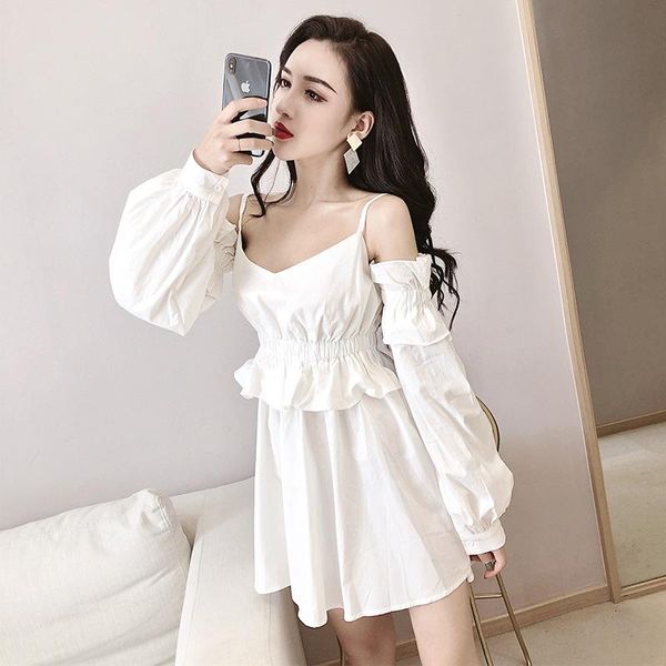 

casual dresses fashion vestidos spring ruffles white dress women long sleeve v-neck off shoulder women's clothing spaghetti strap, Black;gray