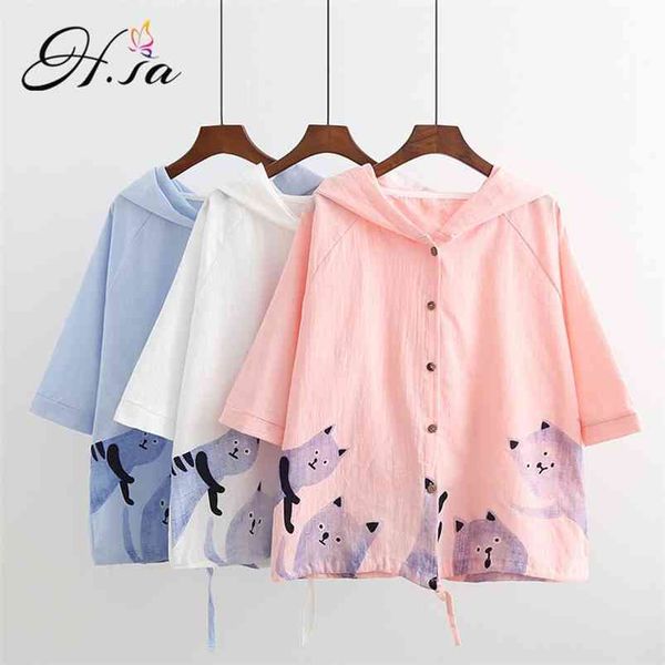 

autumn blouses mujer half sleeve loose hooded blusas shirt single breasted casual cartoon sunscreen 210430, White