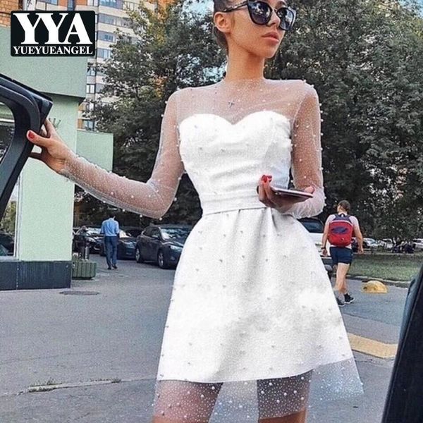 

casual dresses 2021 women gauze long sleeve slim fit party white dress elegant ladies banquet sequined ball gown summer mini, Black;gray