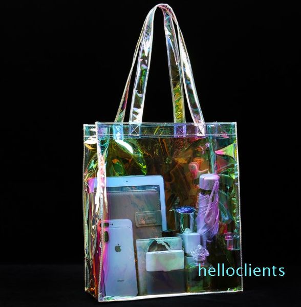 Borsa tote trasparente in PVC olografico Borsa da spiaggia arcobaleno Borsa per la spesa promozionale