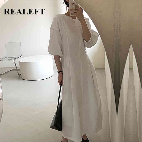 

summer minimalism women's long dresses half puff sleeve o-neck solid korean female a-line white 210428, Black;gray