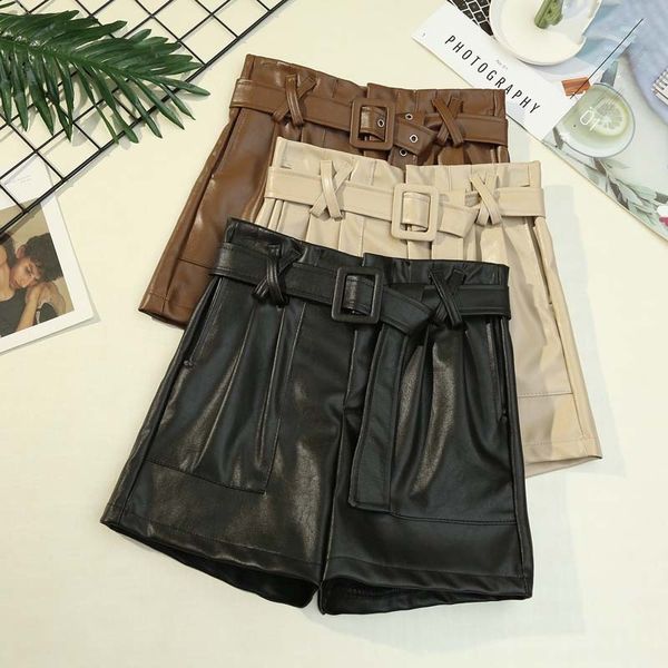 Design PU Couro Shorts Mulheres Coreano Cintura Alta Loose O Exterior Desgaste Botas Botas Femininas Casual Mulher 210420