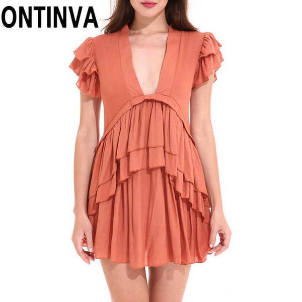 Clearance Verão Mulheres Ruffles Mini Vestido Roupa profunda V Neck 'Sexy Mujer Casual S M L XL Festa Ladies Laranja Vestidos 210527