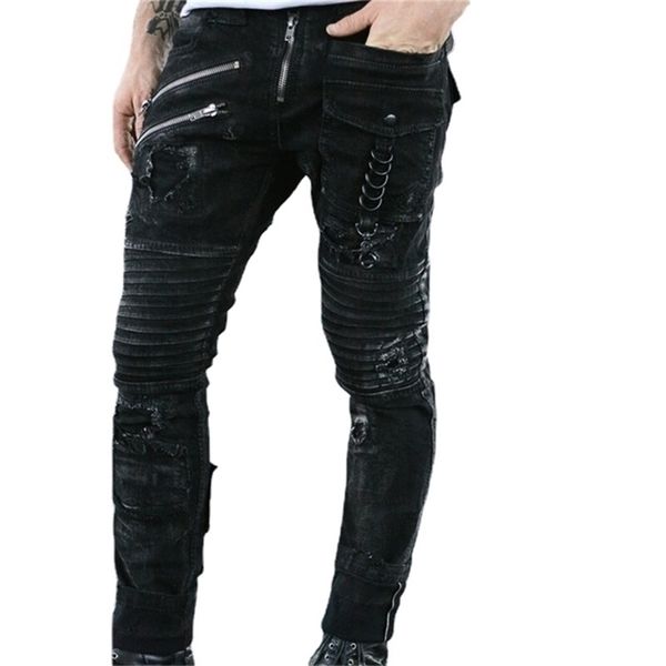Erkekler için kot alçak artış yırtık birden fazla fermuar rahat dar siyah kalem kot pantolon vintage gotik punk tarzı pantolon 211108