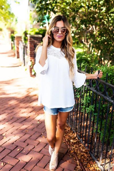 

women's blouses & shirts 2021 women summer lace floral long flare sleeve chiffon shirt blouse patchwork loose clothes, White