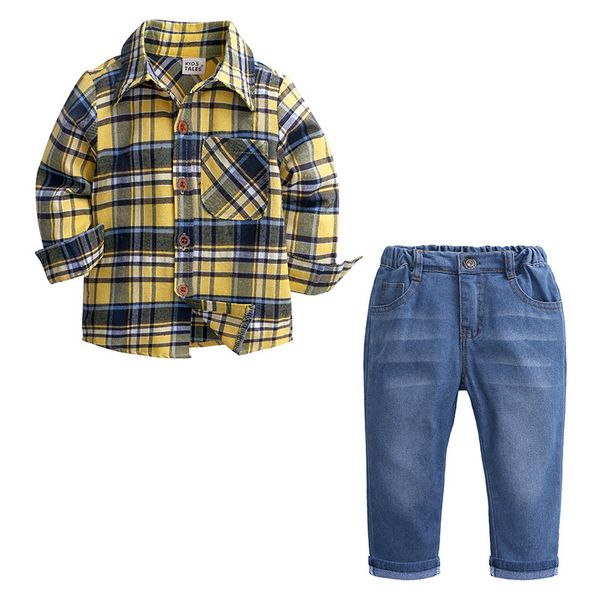 Menino Cavalheiro Roupa Definido Crianças Algodão Xadrez Camisa Jeans Pant Kids Casual Outfits 210413