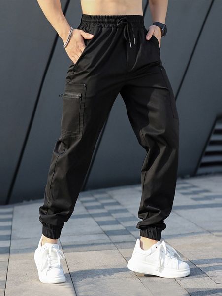 

men zip detail pocket side drawstring waist cargo pants m20b#, Black