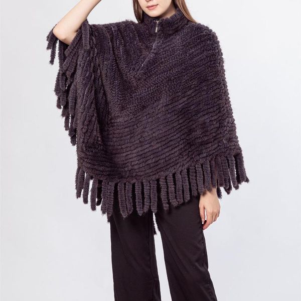 

women's fur & faux lady natural knitted mink poncho cape shawl with zipper tassels 2021 fashion knitting wrap, Black