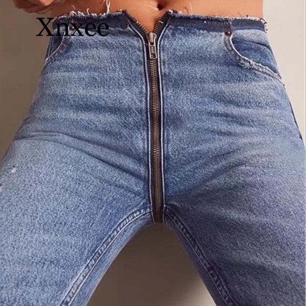 

women's jeans bufront back zipper women skinny push up high waist ripped for pull pencil ankle denim woman, Blue