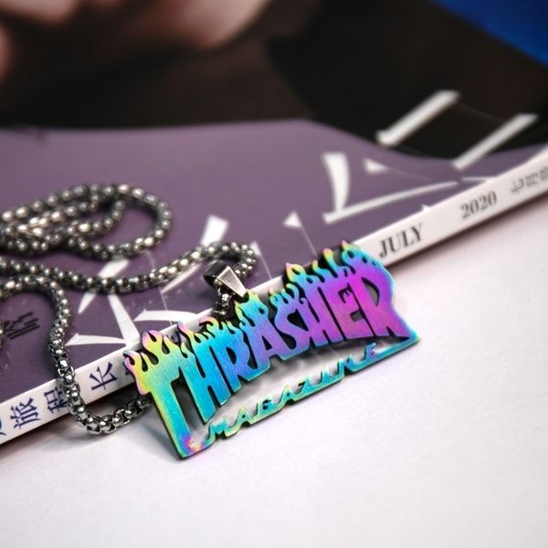 

fashion brand thrasher flame necklace quenched texture personalized hip hop cool bungee sweater, Silver