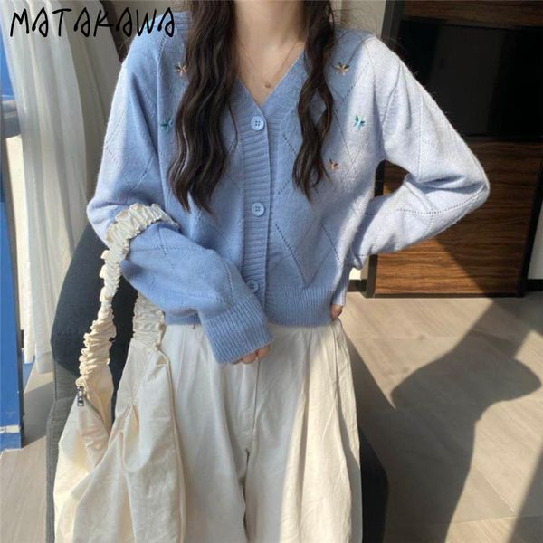 

women's knits & tees matakawa cardigan autumn short embroidery v neck long sleeve sweaters fashion slim knitted sweater jackets, White