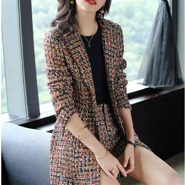 

fashion autumn winter women tweed wool jacket coat and high waist shorts suit two piece sets outfit 210520, White