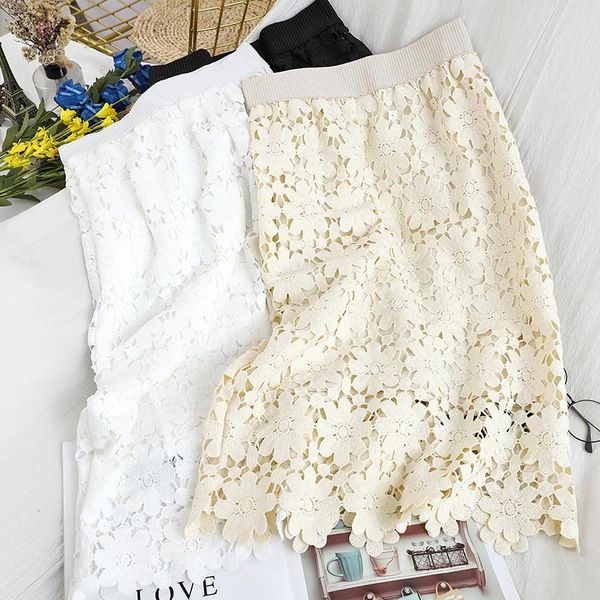 

skirts lace women casual ladies solid elastic waist fashion skirt high straight spring floral hollow out, Black