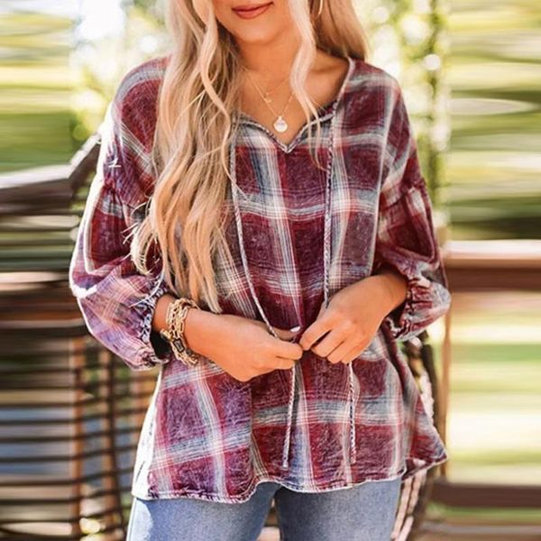 

women's blouses & shirts female street blouse autumn womens casual plaid print knot v neck shirt loose long sleeve pullover vetement f, White