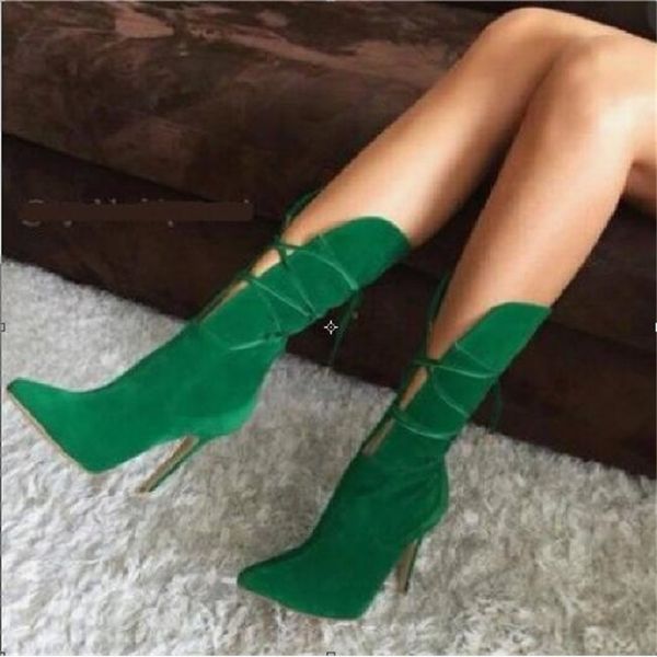 

boot 's green fashion mid-calf shoes toe-to-toe thin heels cross-tied women's large-size boots, Black