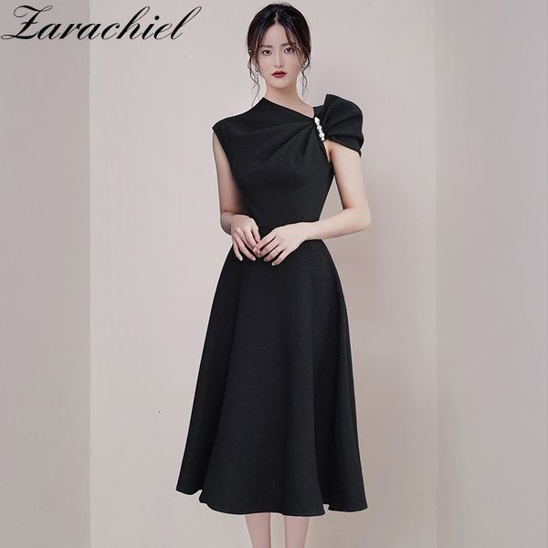 

dresses summer women oblique black asymmetric collar pearls bow elegant lady sleeveless high waist big swing long party, Black;gray