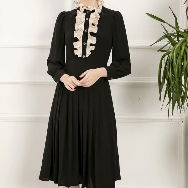 

spring style babados sleeves single thin fit temperament plissado mid length black dress quality, Black;gray