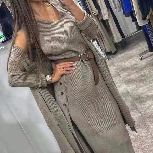 

taotrees knitting suit two piece women tracksuits set knit cardigan loose sweater coat with belt, Gray