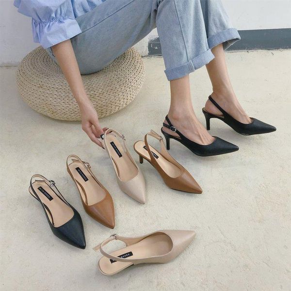 

dress shoes 21women pump pointed toe sandals slingbacks high heels sandalias mujer summer 3cm 7cm ol office lady655, Black