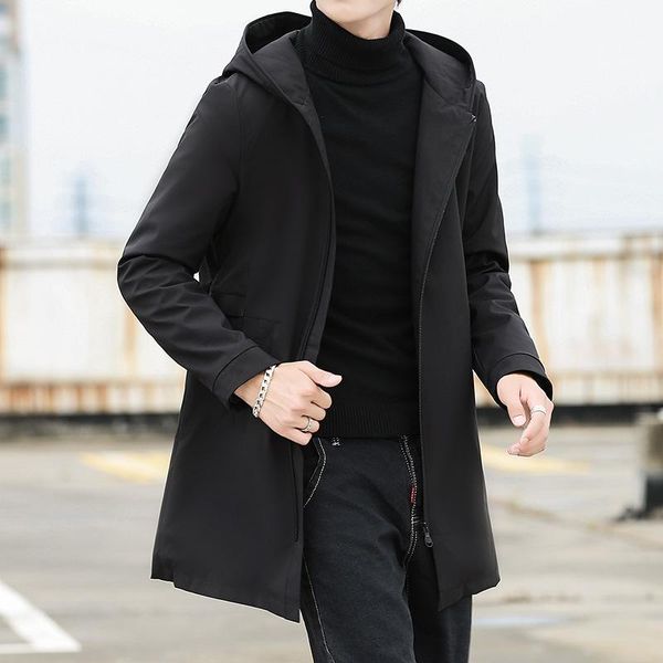 

men's jackets autumn and winter coat hooded medium long solid color jacket, Black;brown