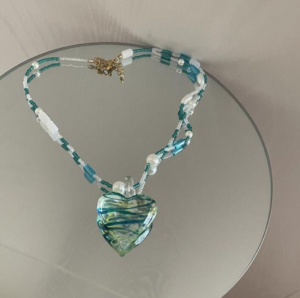 

pendant necklaces french love glass double oil painting freshwater pearl necklace unique designer women clavicle chain, Silver