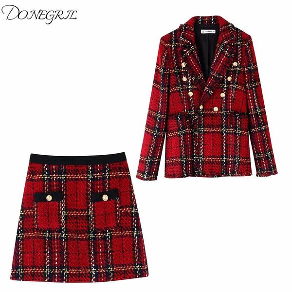 

two piece dress spring autumn women suits plaid skirt set casual double-breasted tweed ladies jacket slim and elegant bust two-piece, White